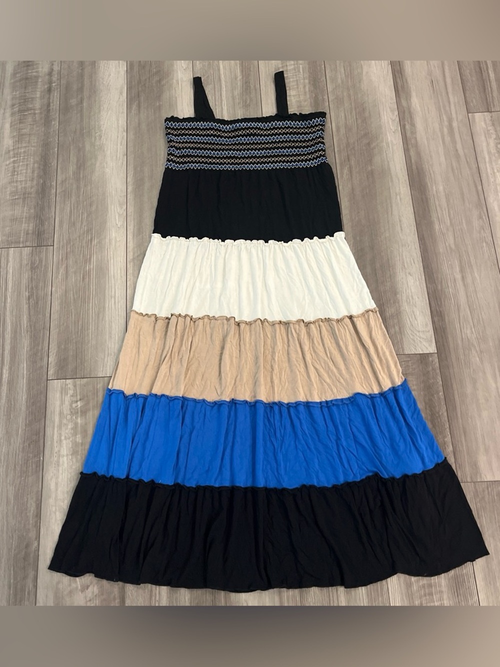Tiered Maxi Dress with Smocked Bodice in Black, White, Tan & Blue